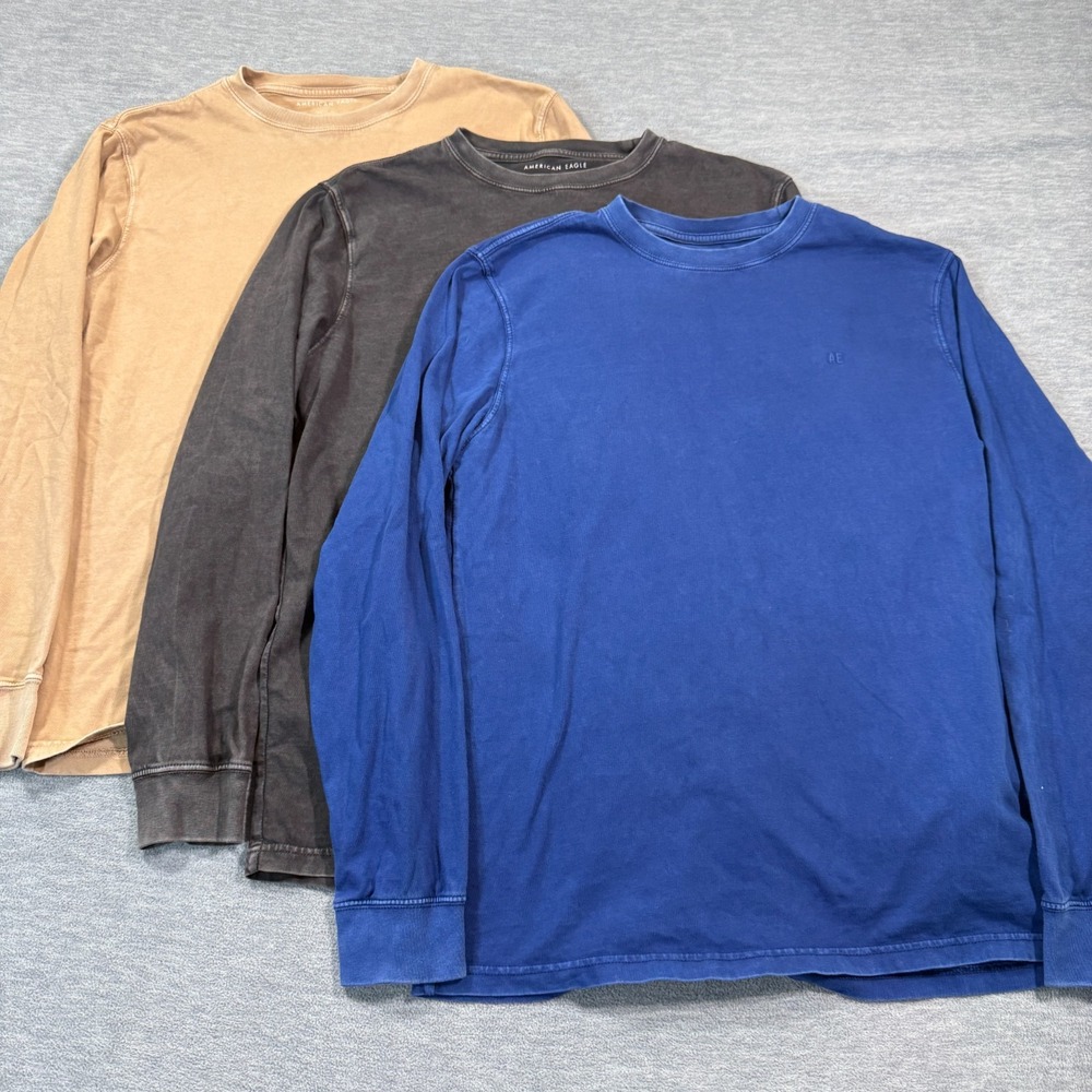 American Eagle Shirt Men M Blue Tan Gray‎ 3 Pack Long Sleeve Cotton Standard Fit